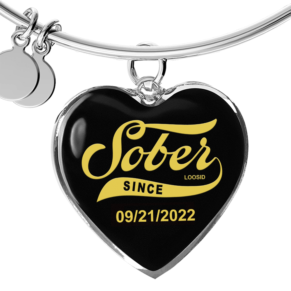 Sobriety Gift | Sober Since Heart Bangle w/ Personalized Sober Date