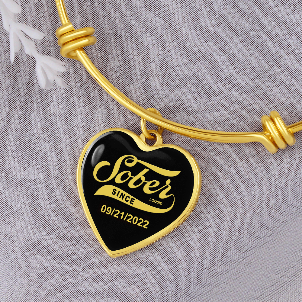 Sobriety Gift | Sober Since Heart Bangle w/ Personalized Sober Date
