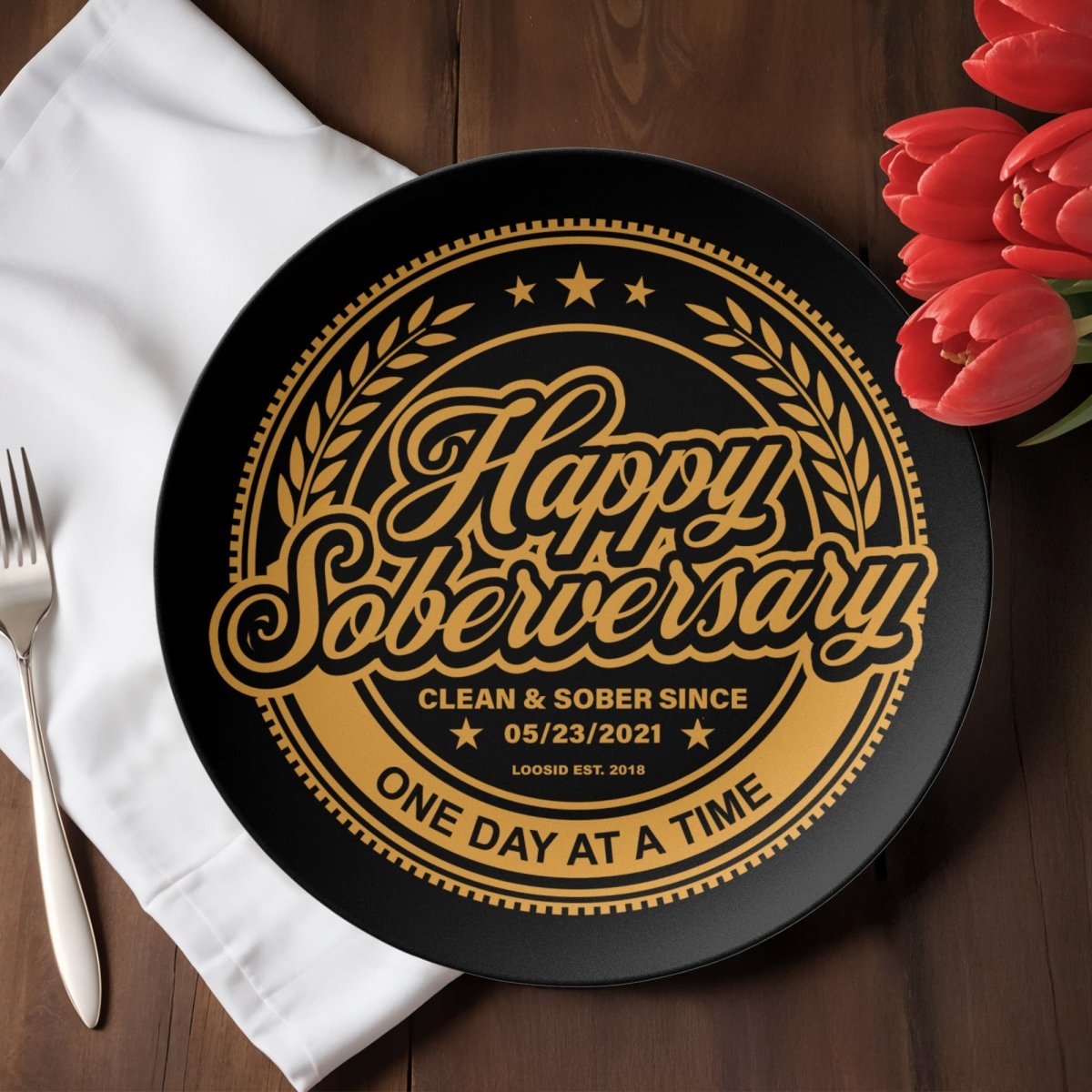 Black Happy Soberversary Polymer 10” Plate
