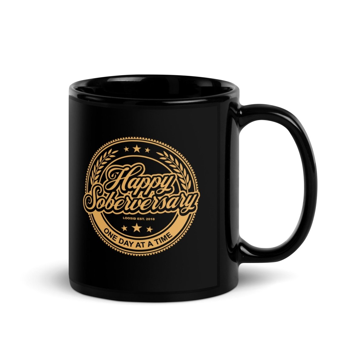 Black Happy Soberversary Black Sober Coffee Mug close-up view (view 2)