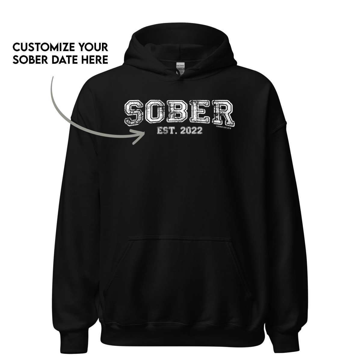 Sober Est. Hoodie w Personalized Sobriety Year Recovery Hoodie flat lay styled image (view 3)