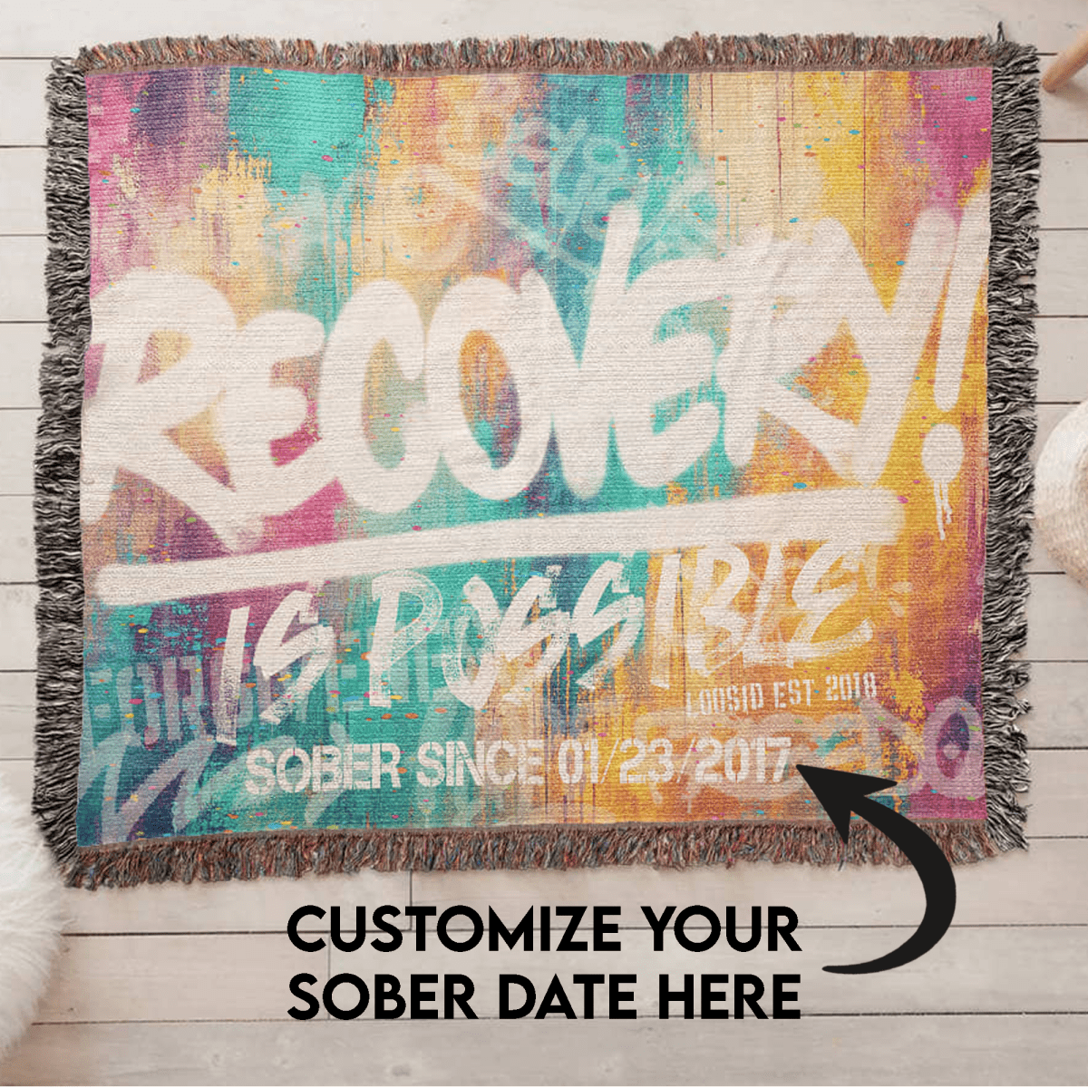 Sobriety Gift | Recovery Is Possible Woven Blanket with Date