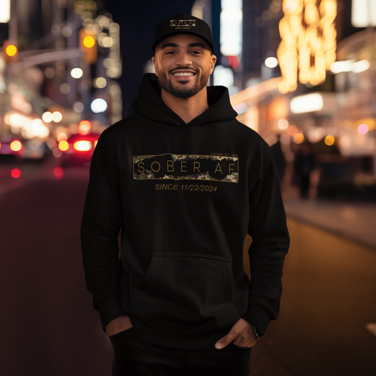 Men's Sober AF Camo Hoodie + Trucker Hat Bundle w/ Personalized Sobriety Date