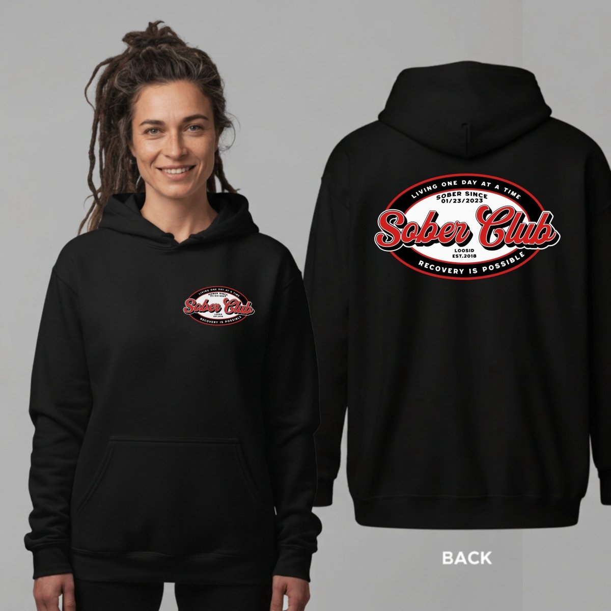 Sober Club Badge Unisex Hoodie with Custom Sobriety Date front and back