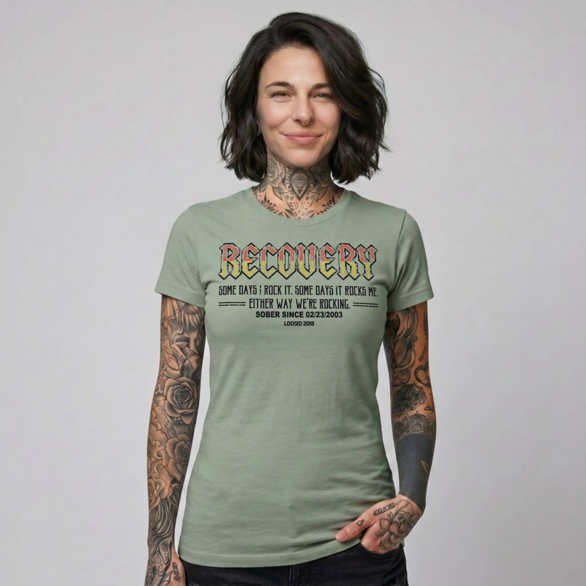 Recovery Rock Sober T Shirt flat lay styled image (view 23)