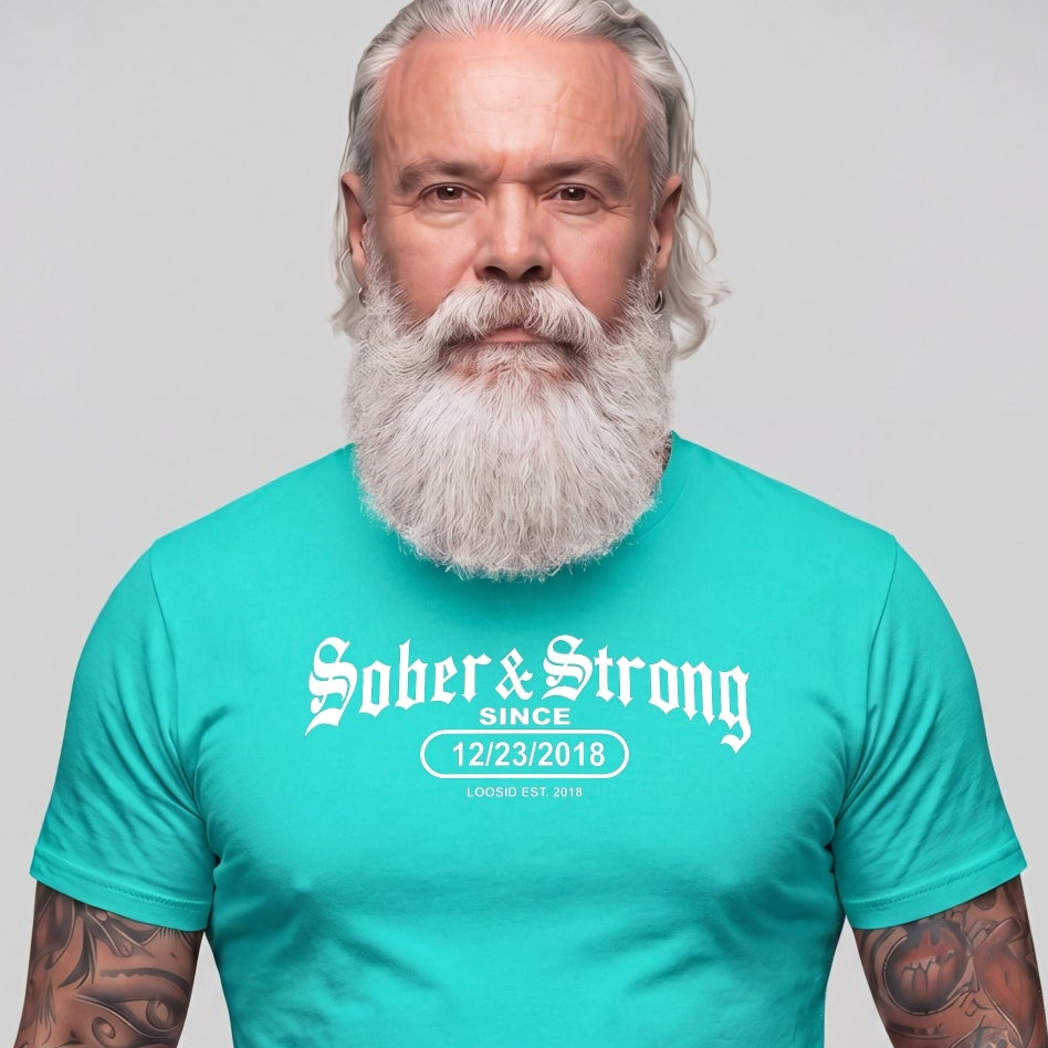 Sober T Shirt | Men's Old School Sober & Strong Tee with Personalized Sobriety Date