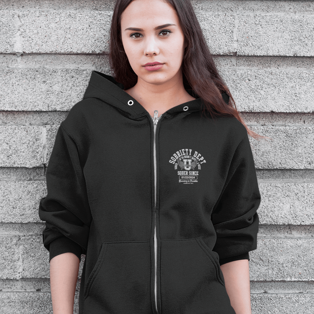 Sobriety Dept Unisex Zip Hoodie – Sober AF 24/7 with Custom Sobriety Date