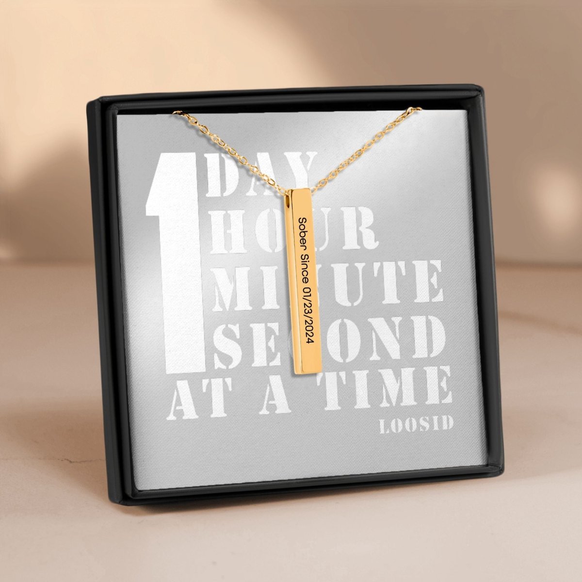 Sober Since 3D Bar Necklace w / Personalized Sober Date and Message Card