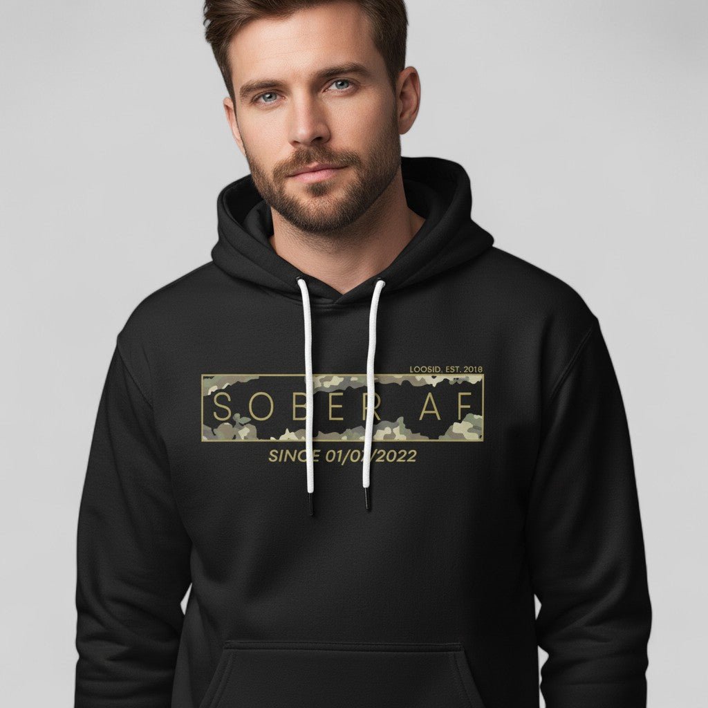 Recovery Hoodie | Men's Sober AF Camo Hoodie with Custom Sober Date