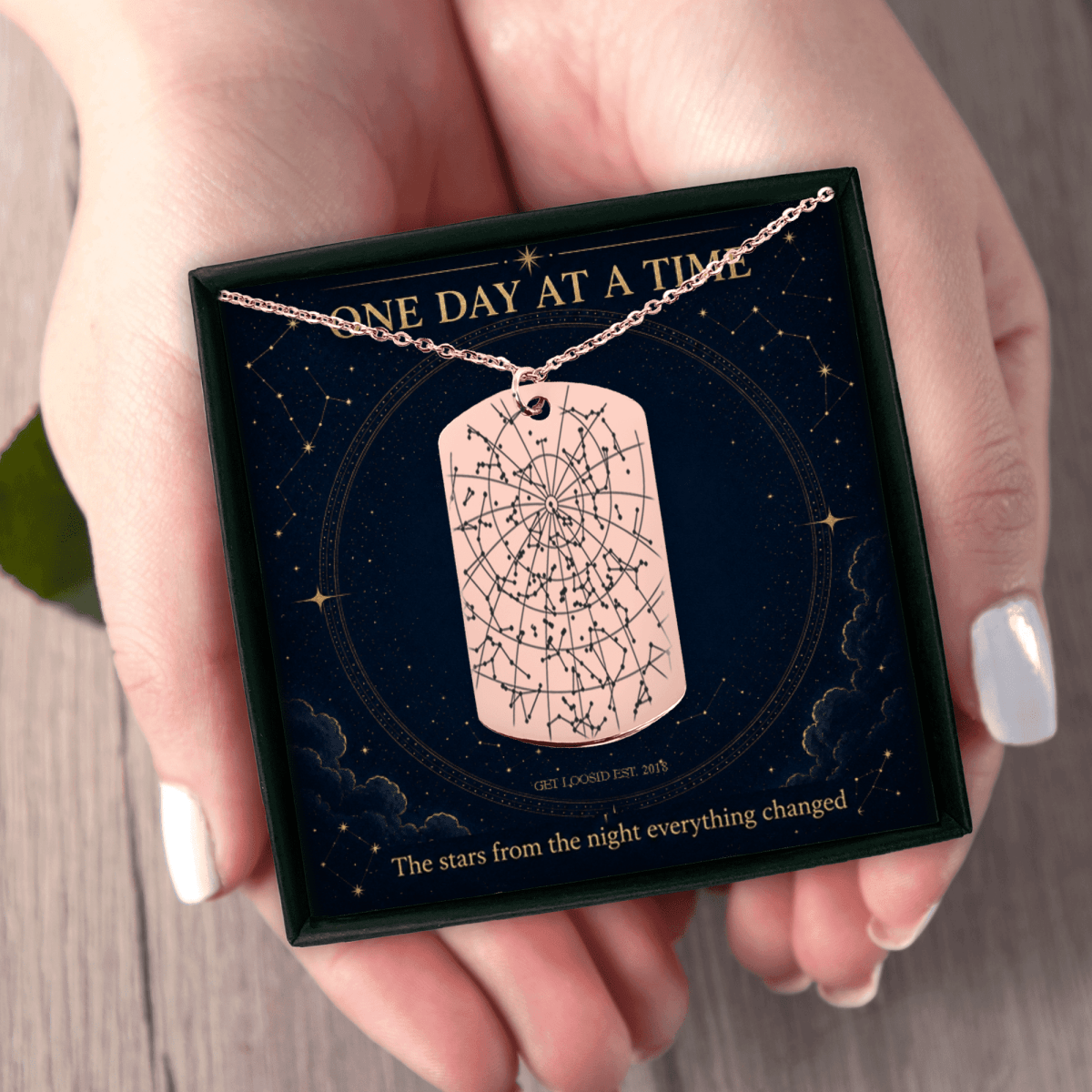 Sober Sober Jewelry Sober Date Custom Star Map Sober Jewelry flat lay styled image (view 3)
