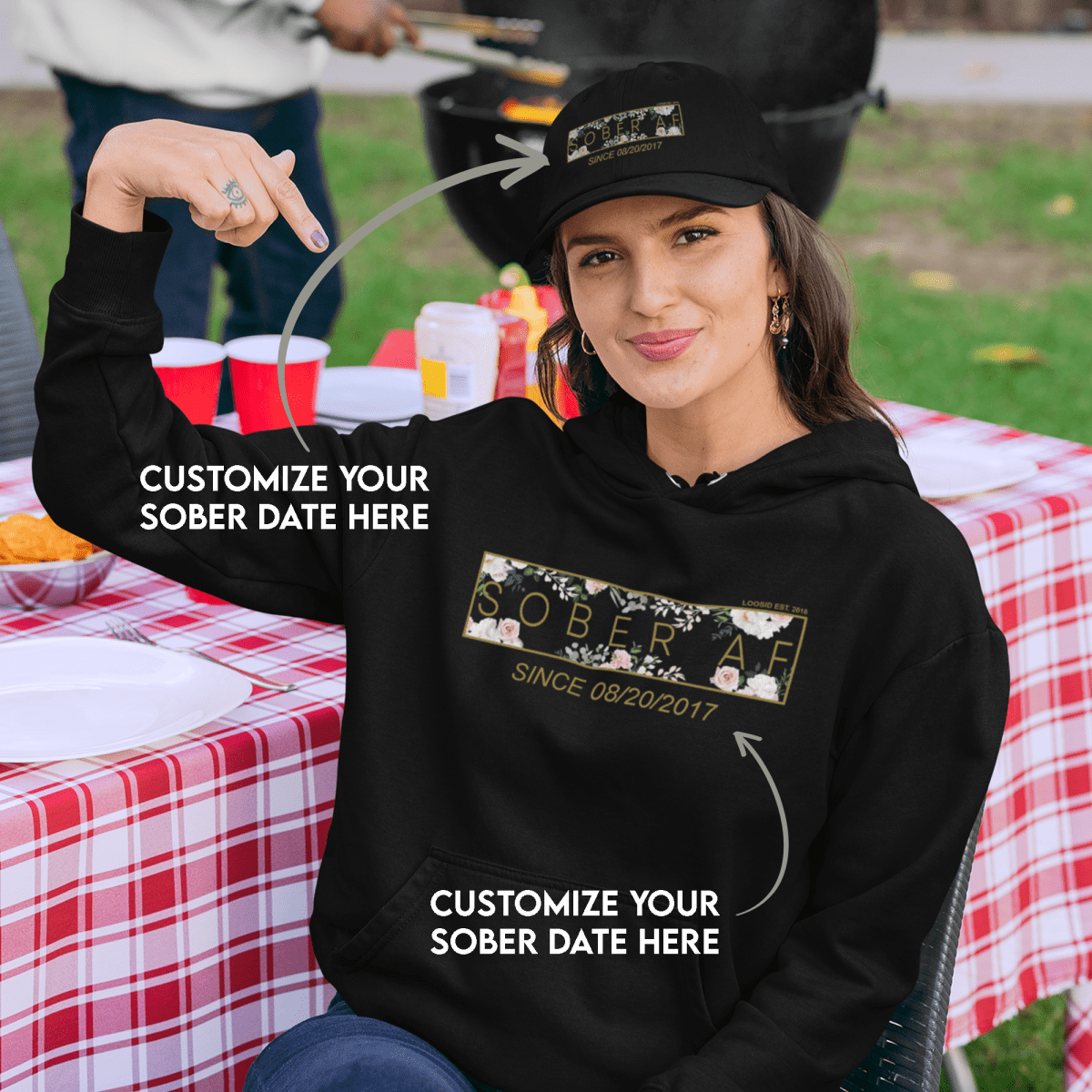 Women's Sober AF Flower Hoodie + Trucker Hat Bundle w/ Personalized Sobriety Date