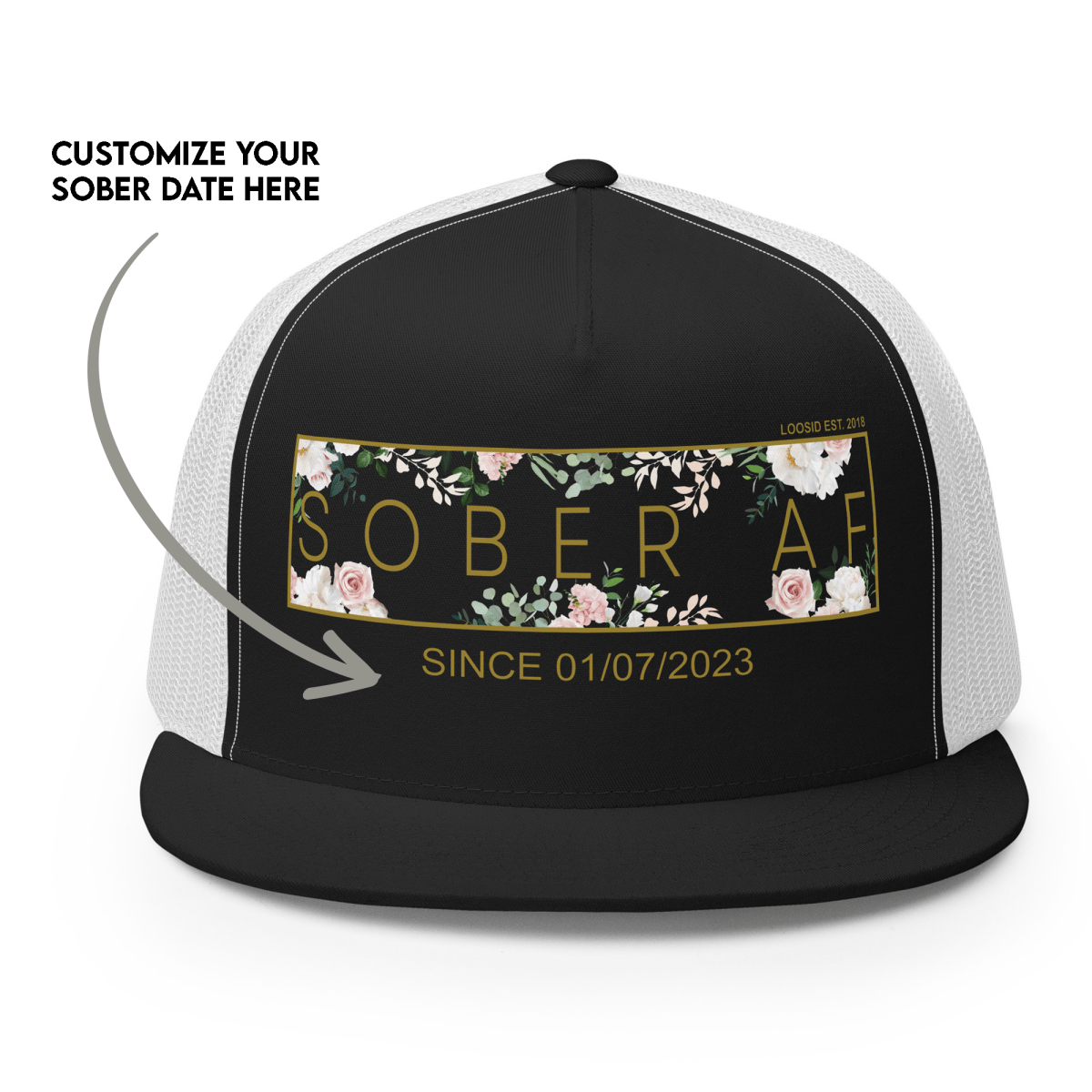 Sober AF Floral Trucker w Custom Date Sober Hat flat lay styled image (view 3)