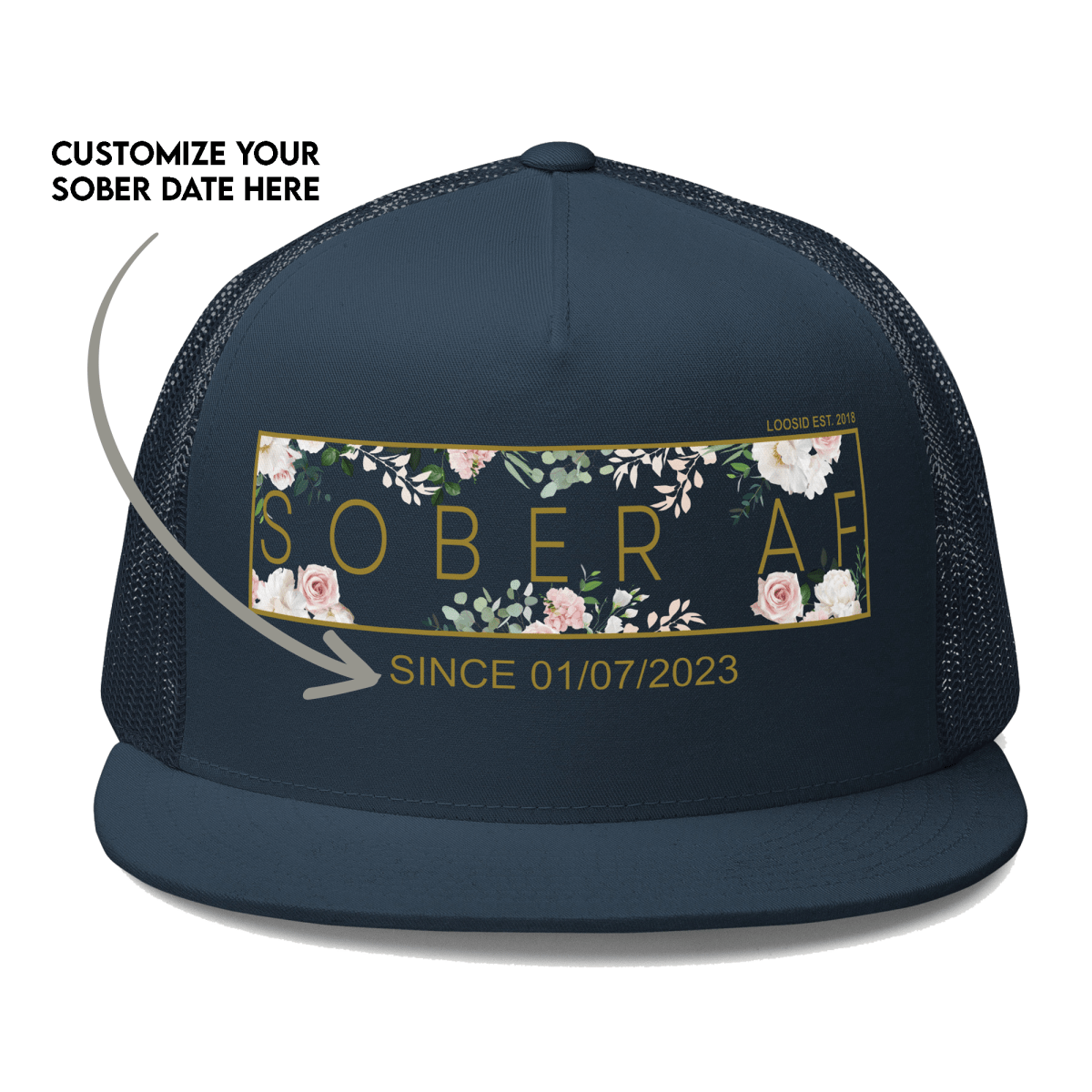 Personalized Sobriety Hat featuring bold text and stylish design