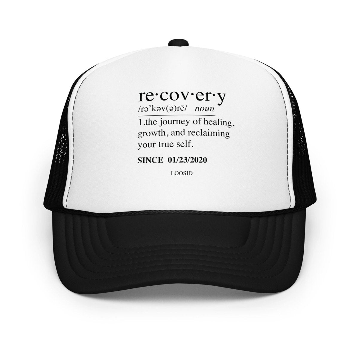 Recovery Definition Snapback Trucker Cap w/ Personalized Sobriety Date