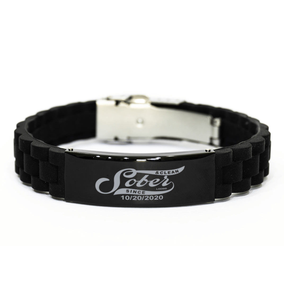 Sober Jewelry: Custom Sobriety Date Bracelet Personalized Engraved Black Bracelet Gift for Him Men "Sober Since" for Recovery – front view
