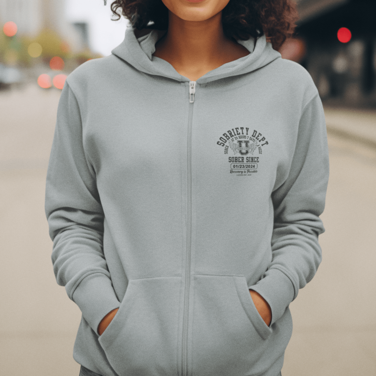 Sobriety Dept Zip Recovery Hoodie lifestyle view (view 15)