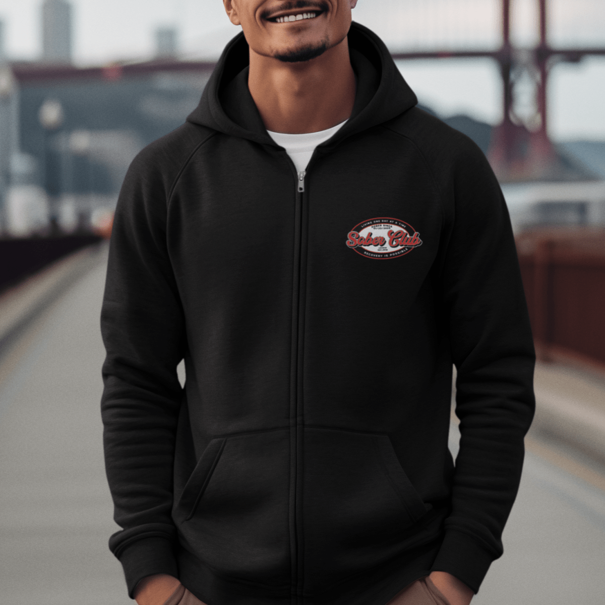 Sober Club Badge Unisex Zip Hoodie Front and Back Print Hoodie with Custom Sobriety Date