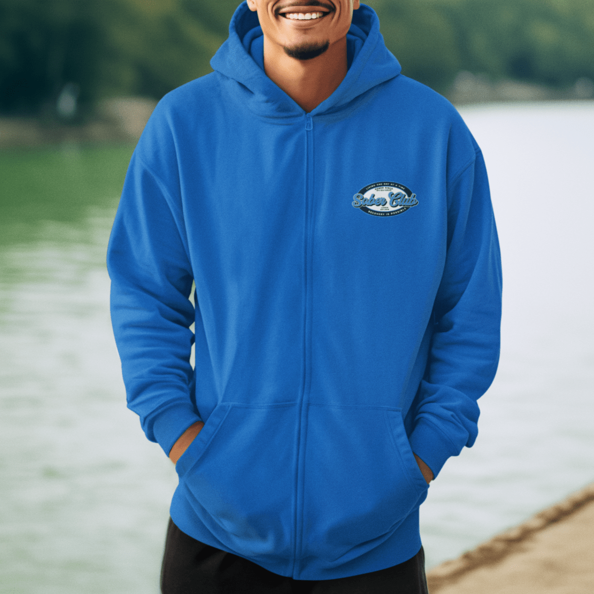 Sober Club Badge Left Chest Print Unisex Zip Hoodie with Custom Sobriety Date