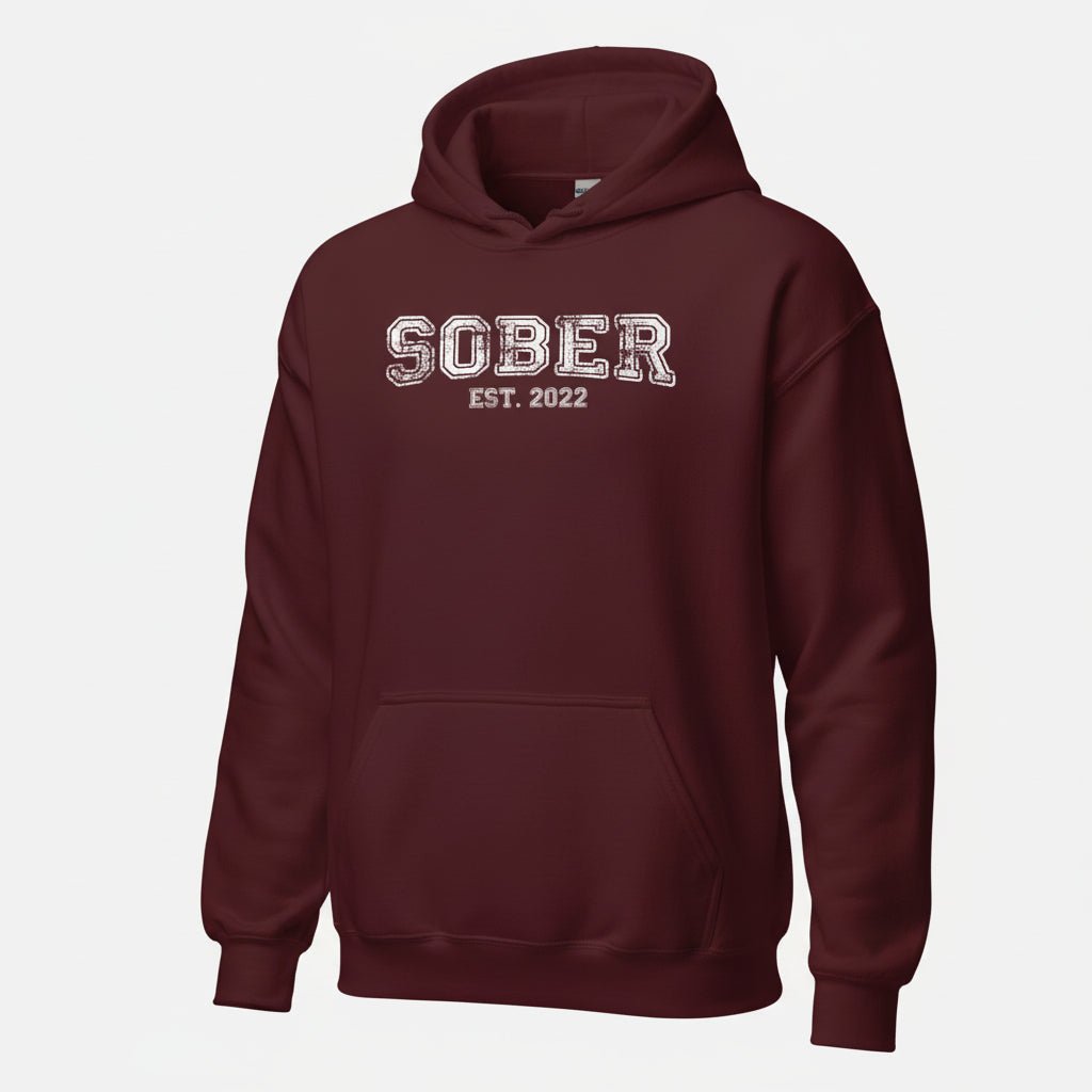 Sober Est. Hoodie w Personalized Sobriety Year Recovery Hoodie close-up view (view 12)