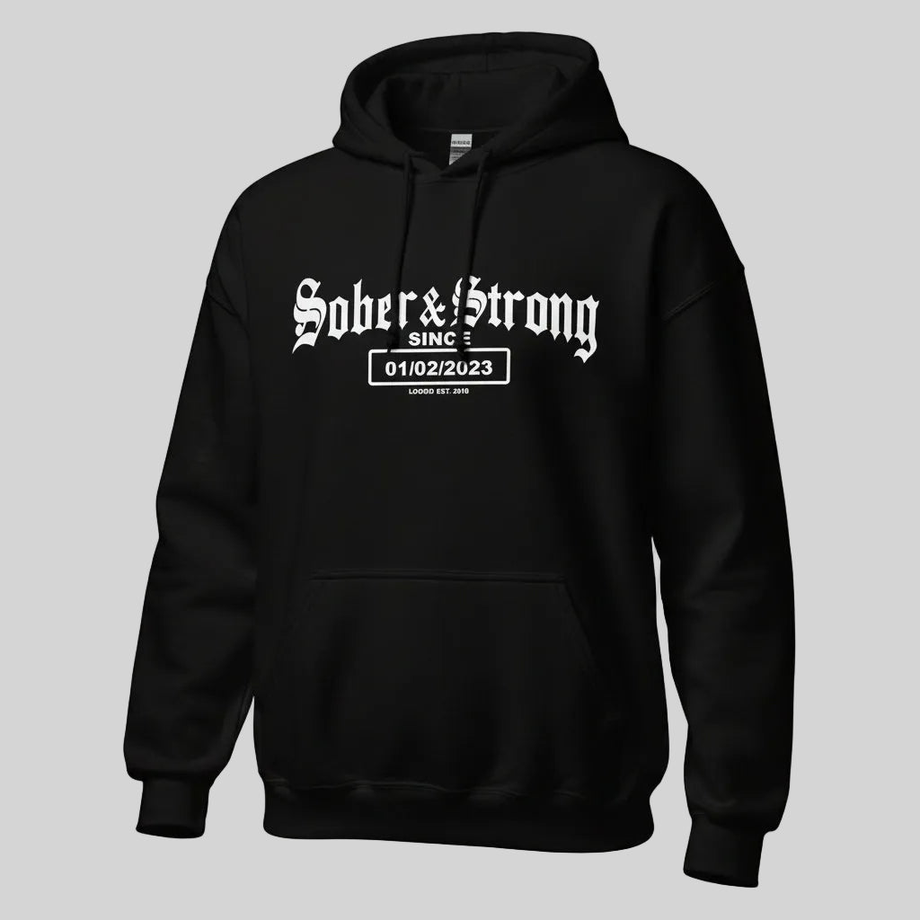 Sober & Strong Old School Recovery Hoodie lifestyle view (view 5)