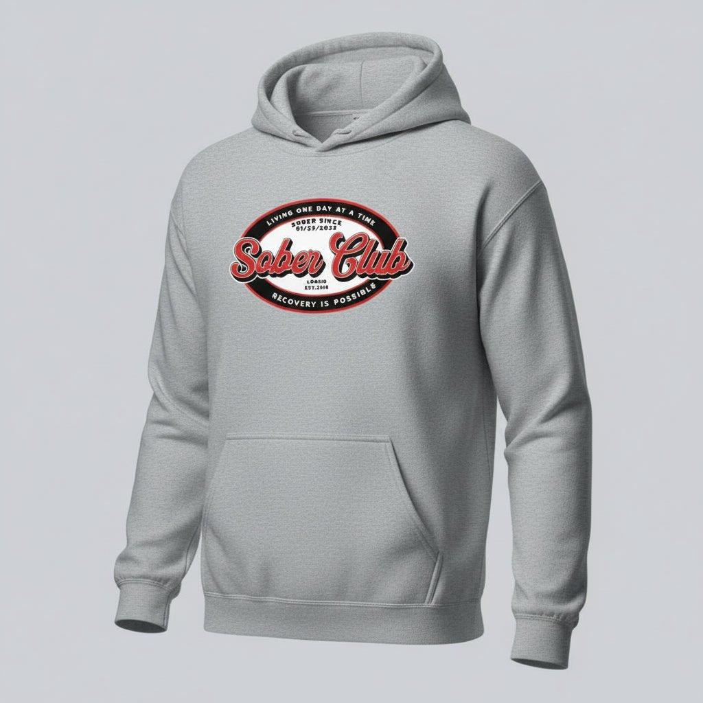 Sober Club Badge Unisex Hoodie with Custom Sobriety Date