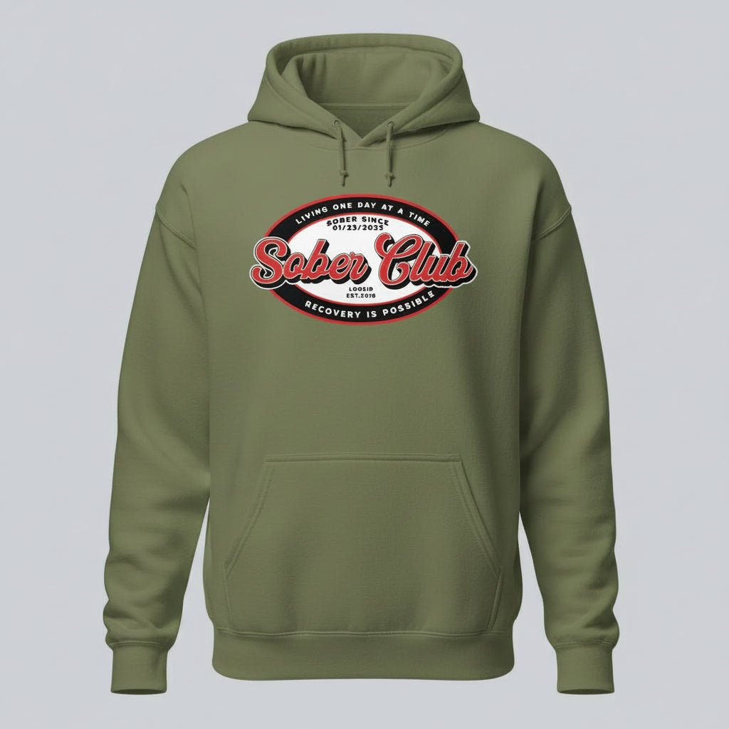 Sober Club Badge Unisex Hoodie with Custom Sobriety Date