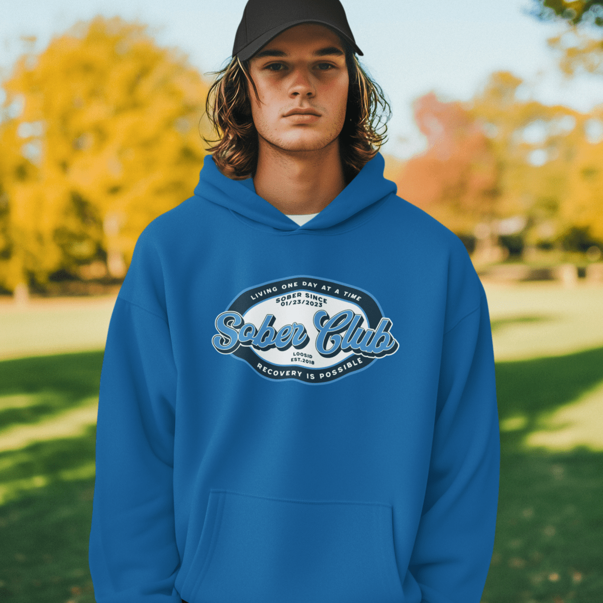 Sober Club Badge Unisex Hoodie with Custom Sobriety Date