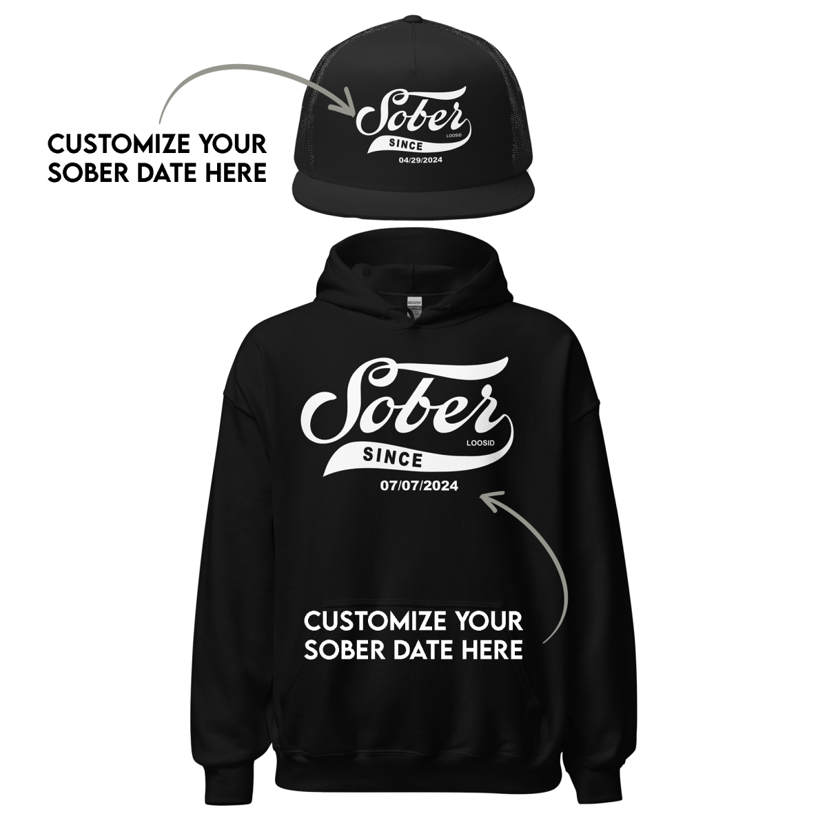 Women's Sober Since Hoodie + Trucker Hat Bundle w/ Personalized Sobriety Date