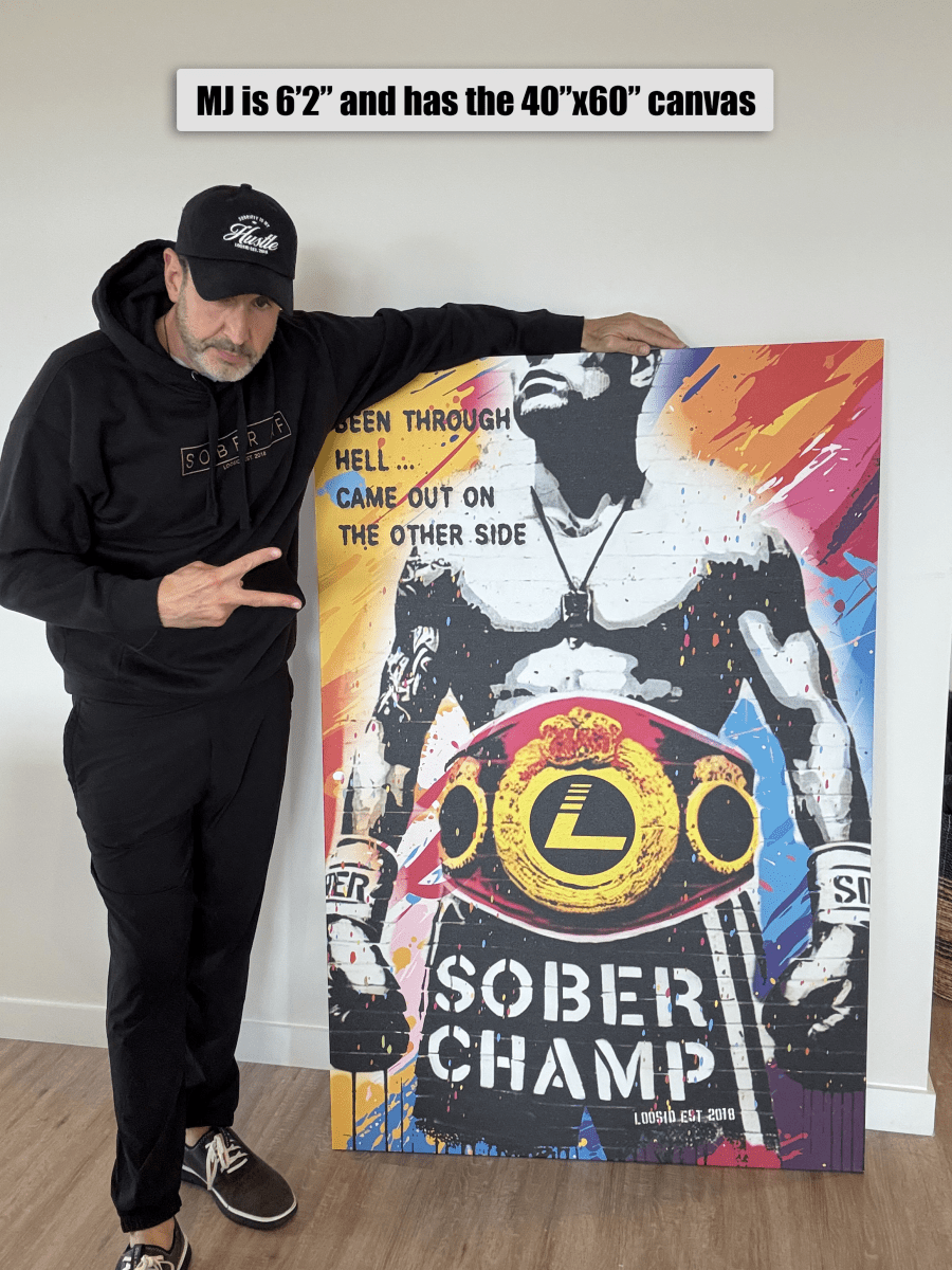 Sobriety art print showing champion figure with motivational quote