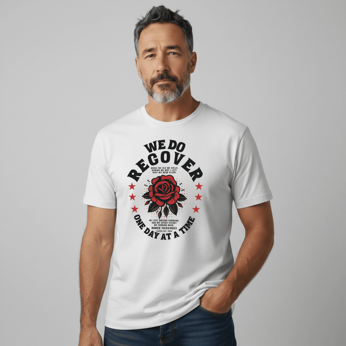 We Do Recover Sober T Shirt flat lay styled image (view 13)