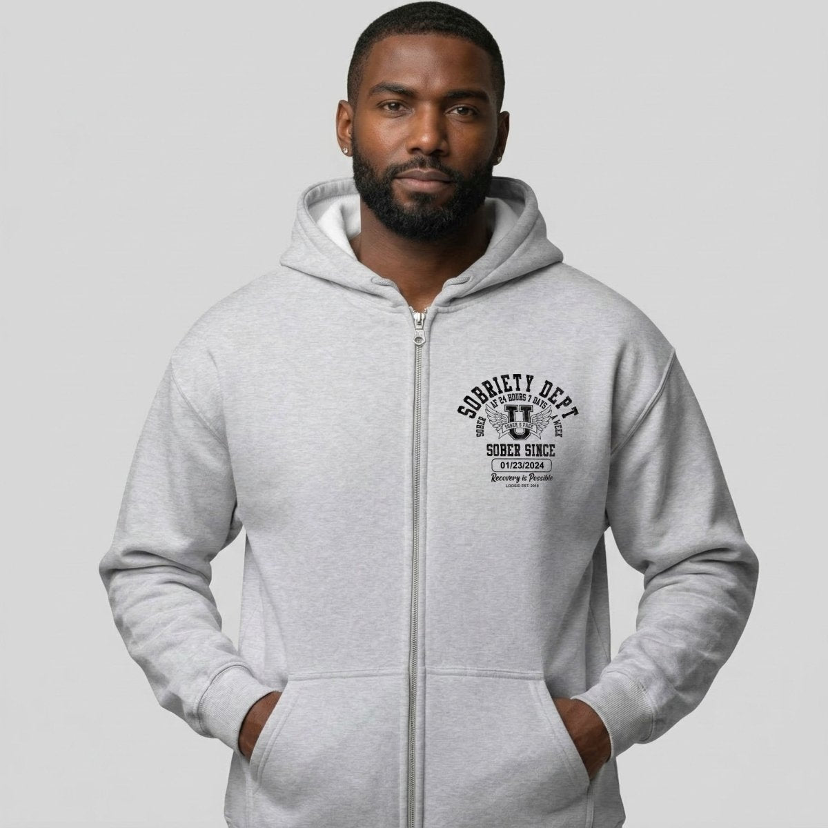 Recovery Zip Hoodie | Men's Sobriety Dept 24/7 Front Print