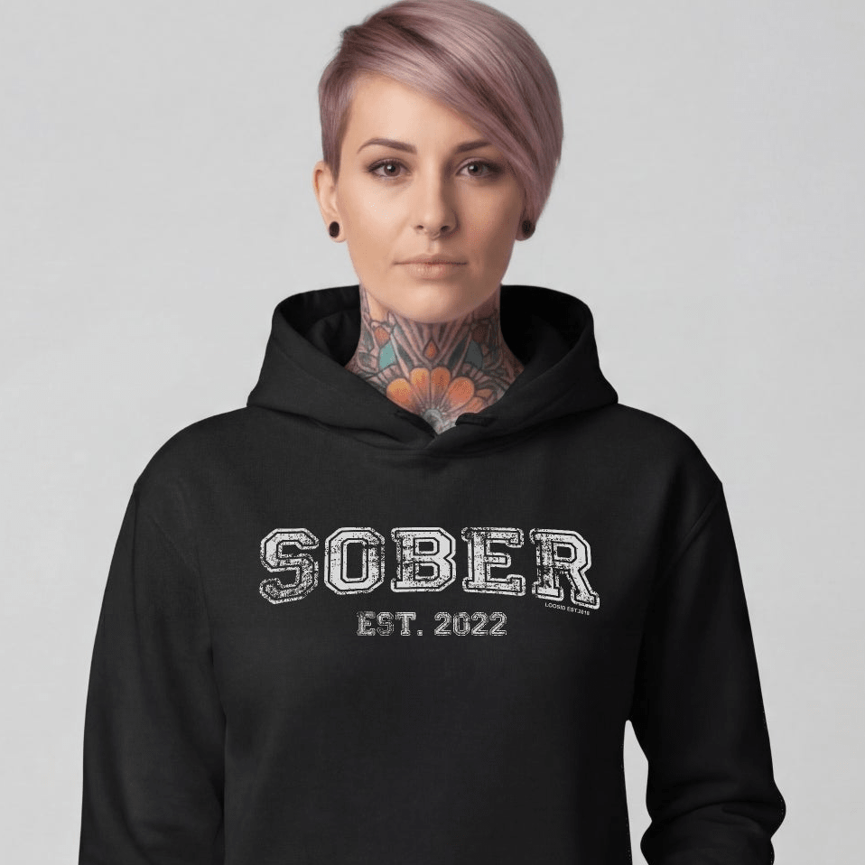 Sober Est. Hoodie w Personalized Sobriety Year Recovery Hoodie close-up view (view 2)