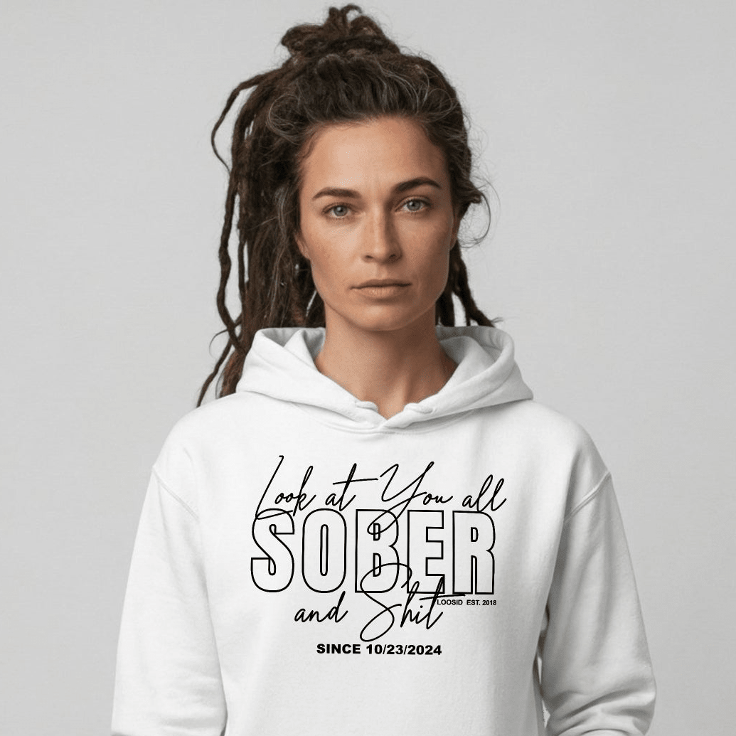 Look at You Sober Recovery Hoodie flat lay styled image (view 23)