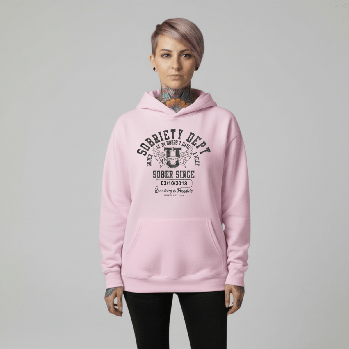 Recovery Hoodie | Sobriety Dept Sober AF 24/7 Unisex Hoodie with Custom Sobriety Date