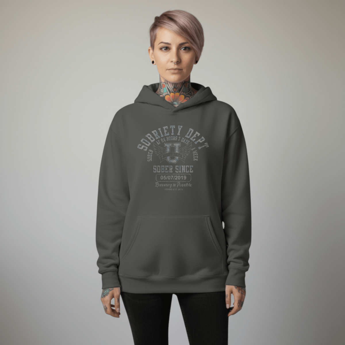 Recovery Hoodie | Sobriety Dept Sober AF 24/7 Unisex Hoodie with Custom Sobriety Date