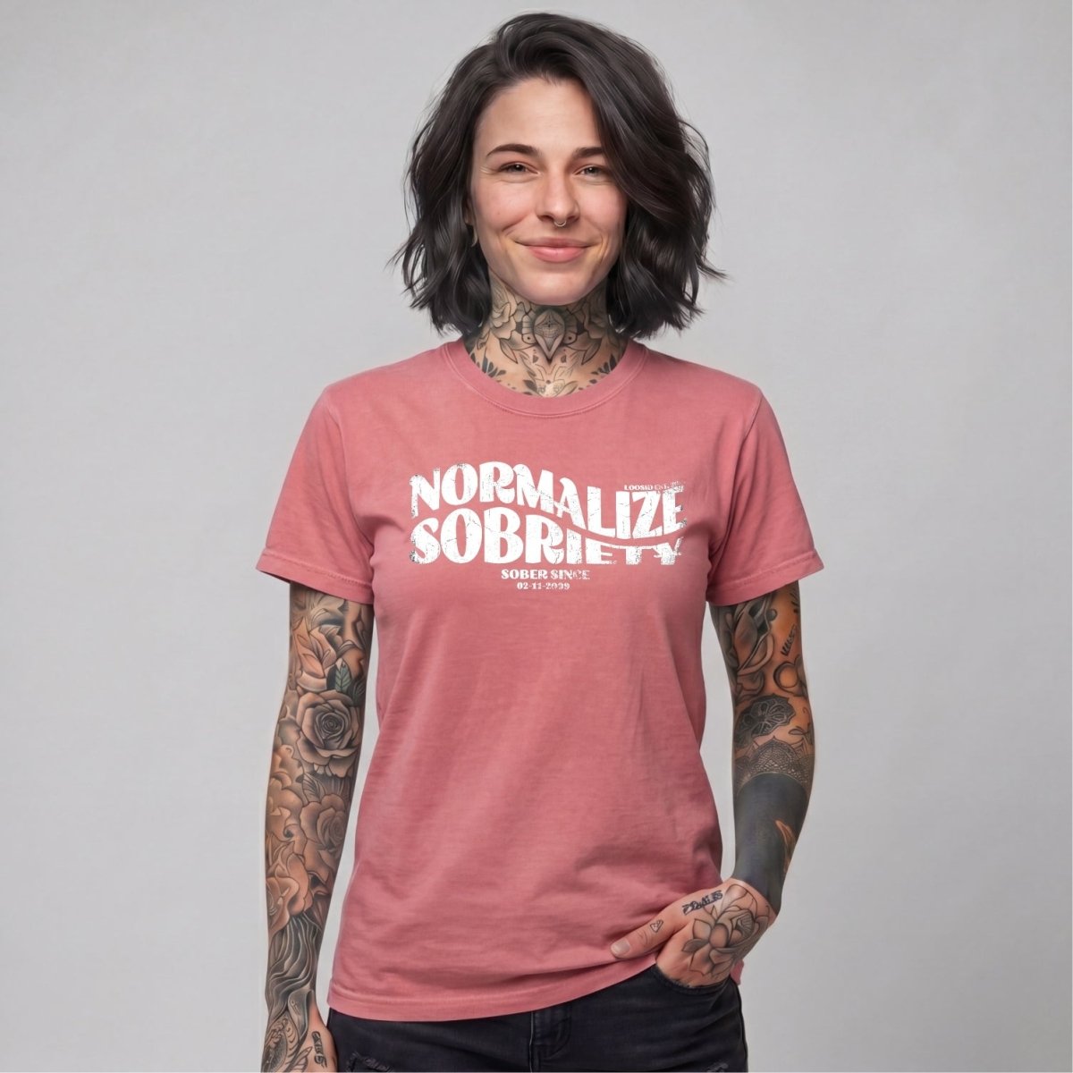 Normalize Sobriety Women garment dyed Sober T Shirt close-up view (view 22)