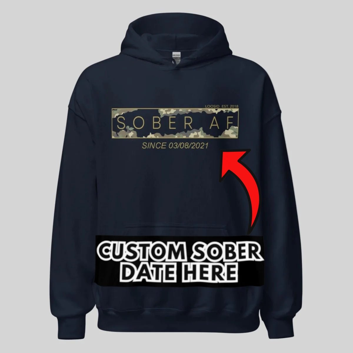 Recovery Hoodie | Unisex Sober AF Camo Hoodie with Custom Sober Date