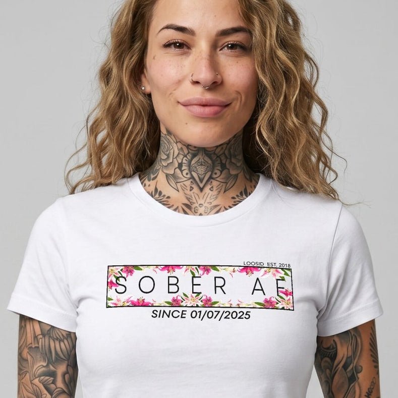 Sober T Shirt | Women’s Sober AF Tee with Custom Sobriety Date