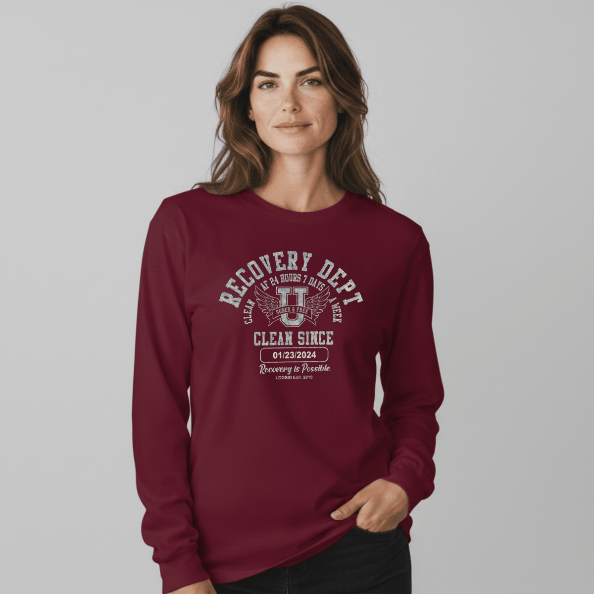 Recovery Dept 24/7 Long Sleeve T-shirt with Custom Recovery Date | Clean Shirt