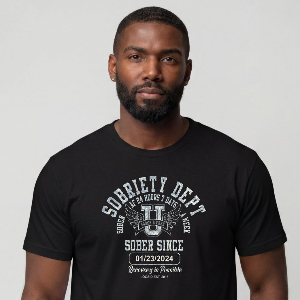 Sobriety Dept Men's T-Shirt with Custom Sobriety Date