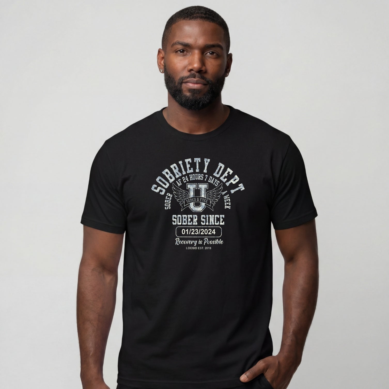 Sobriety Dept Men's T-Shirt with Custom Sobriety Date