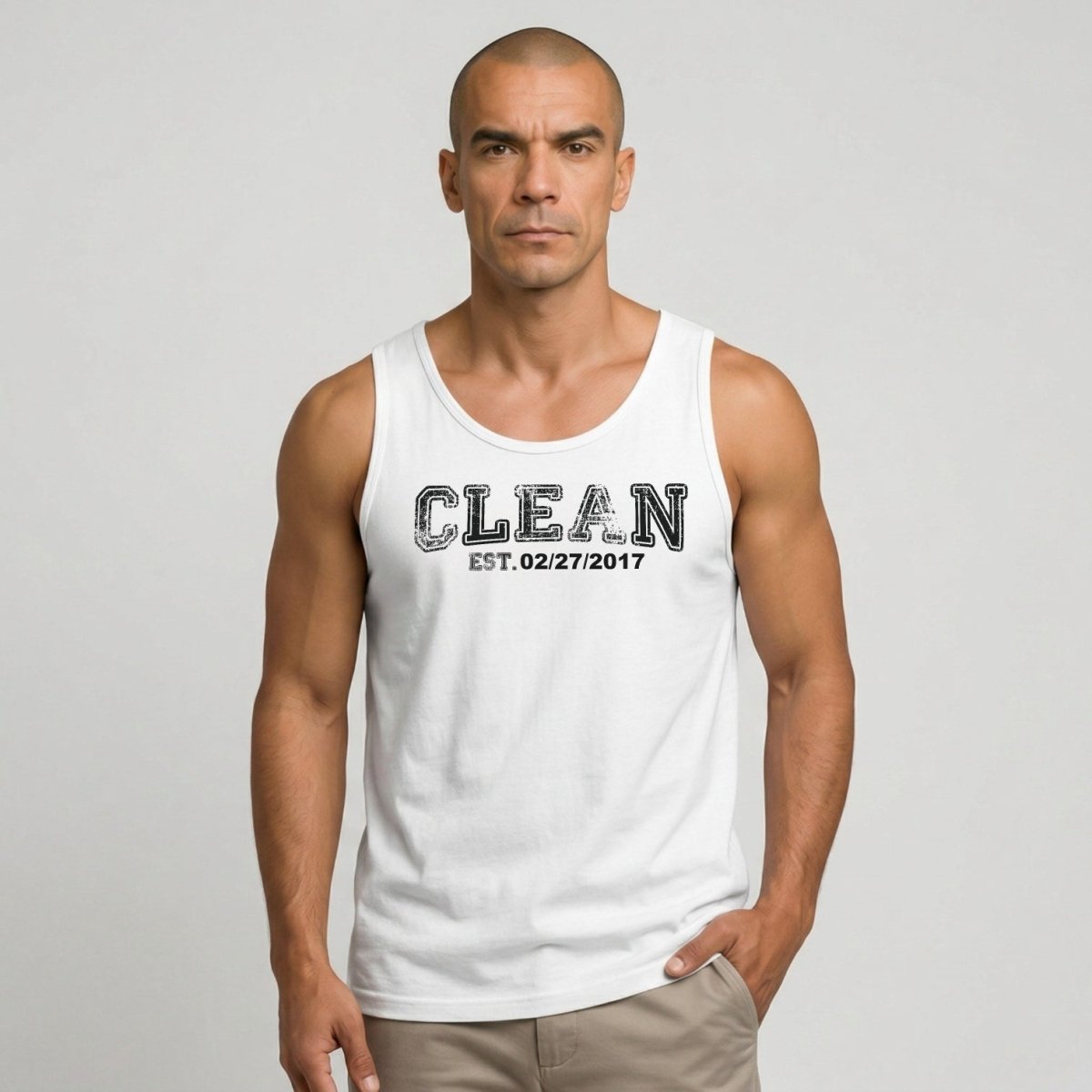 Clean Men's W Personalize Recovery Date Sober Tank Top fit detail (view 19)
