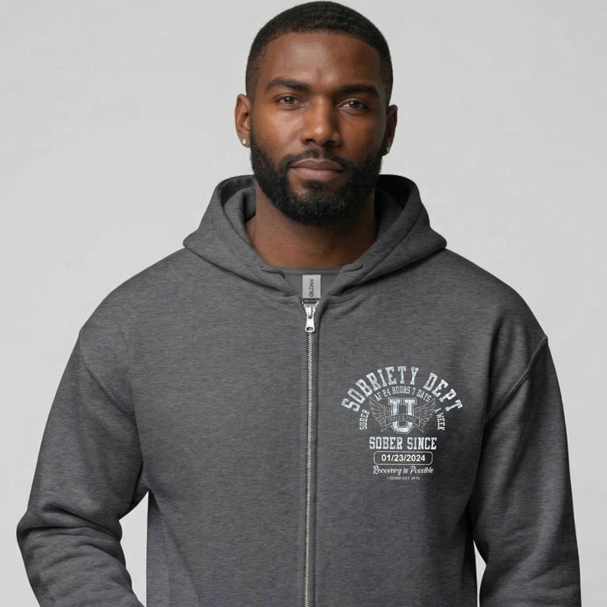 Recovery Hoodie | Sobriety Dept 24/7 Zip Hoodie with Custom Date