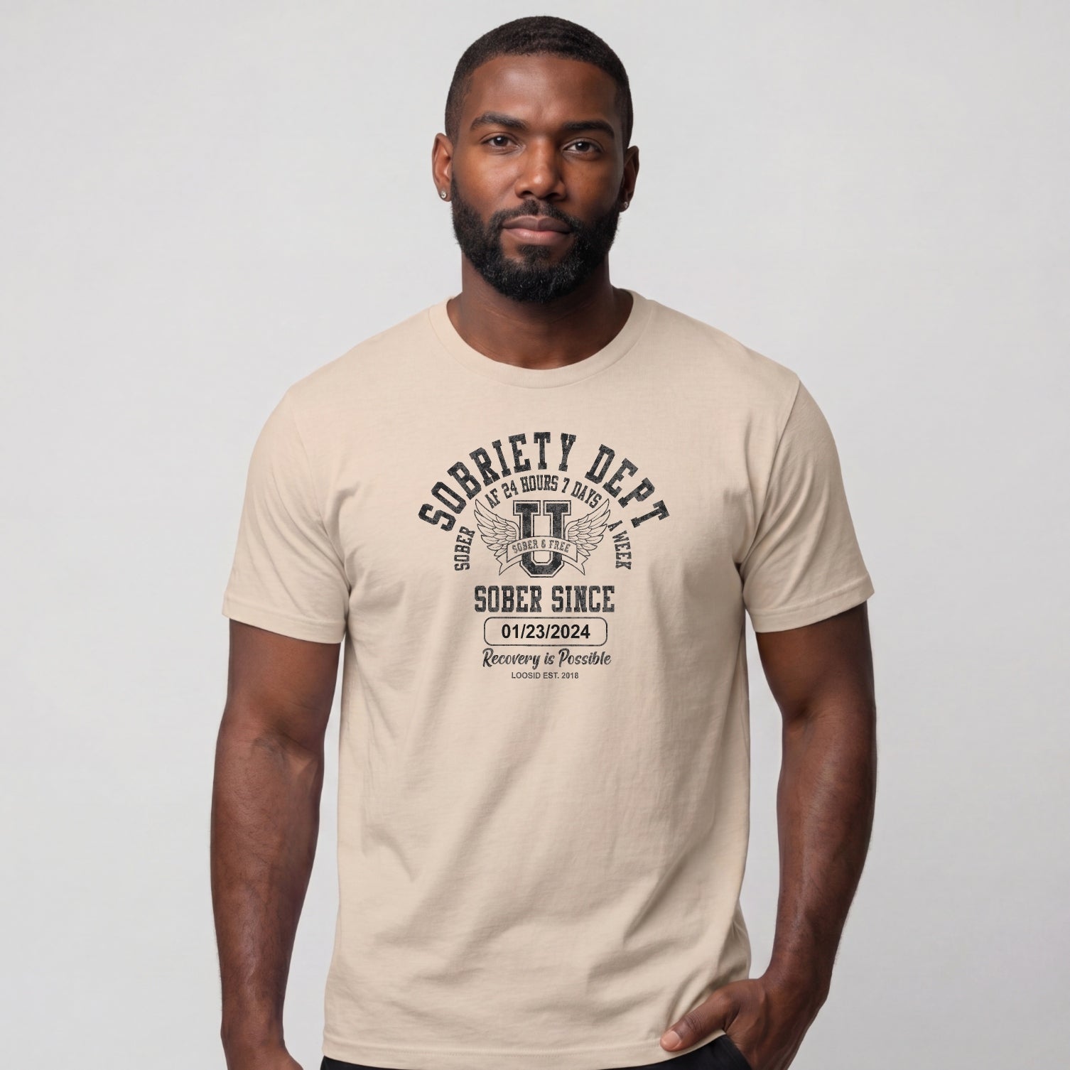 Sobriety Dept Men's T-Shirt with Custom Sobriety Date