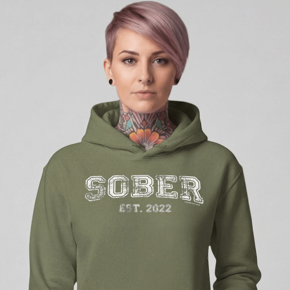 Sober Est. Hoodie w Personalized Sobriety Year Recovery Hoodie lifestyle view (view 15)