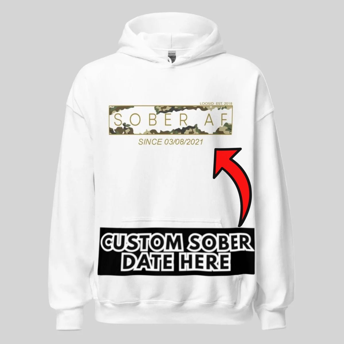 Recovery Hoodie | Unisex Sober AF Camo Hoodie with Custom Sober Date