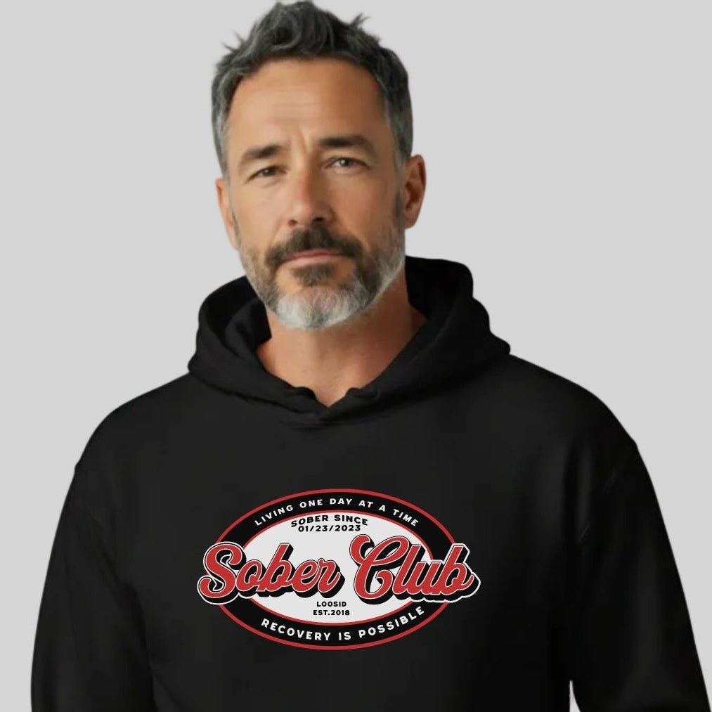 Sober Club Badge Unisex Hoodie with Custom Sobriety Date