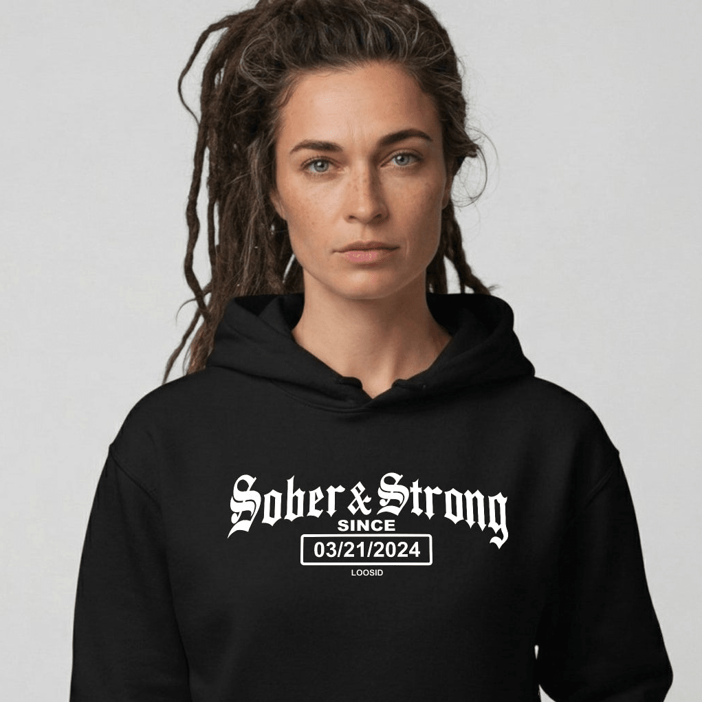 Old School Sober & Strong Recovery Hoodie close-up view (view 2)