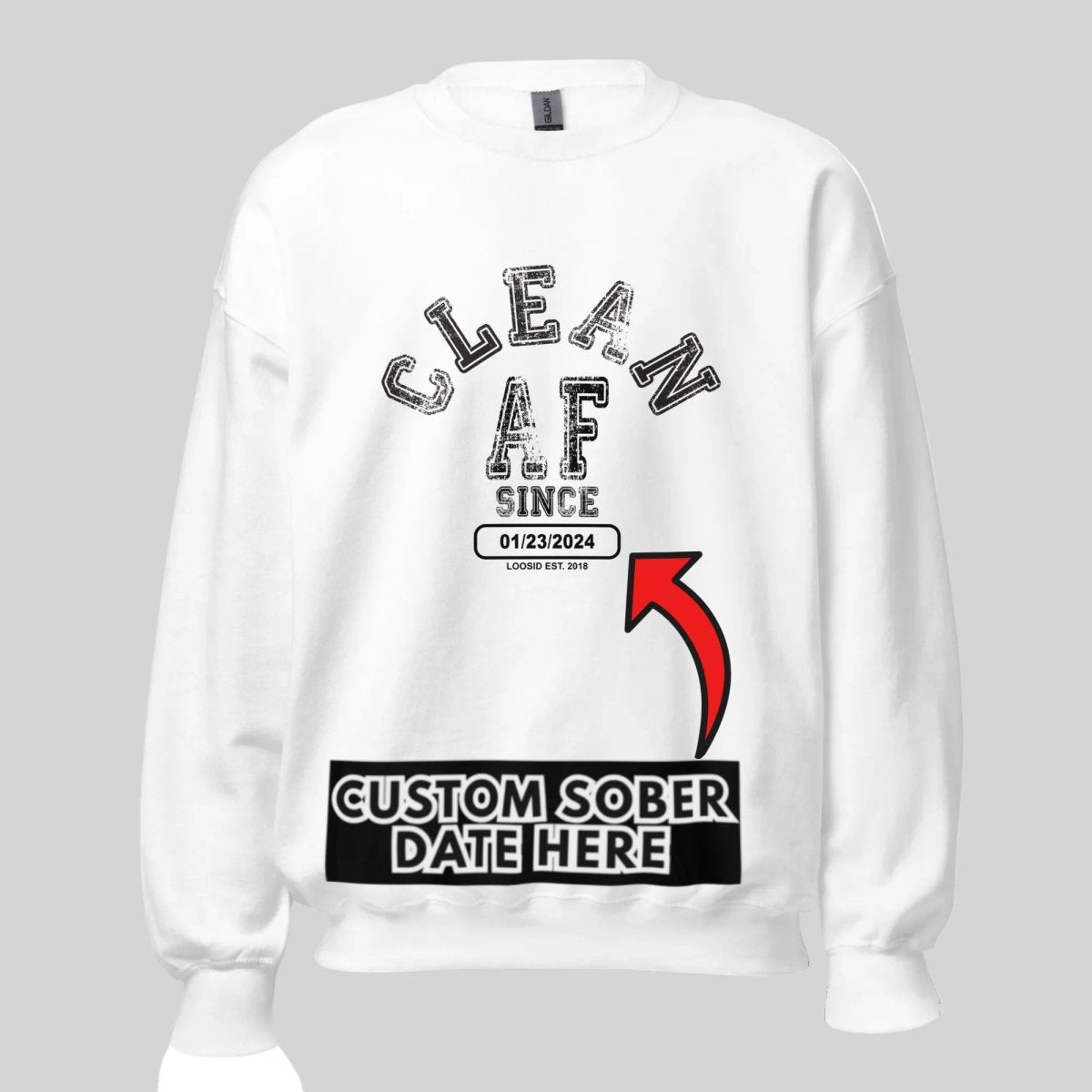 Men's sand-toned Loosid Recovery sweater with Clean AF Since personalized sobriety milestone date β Loosid