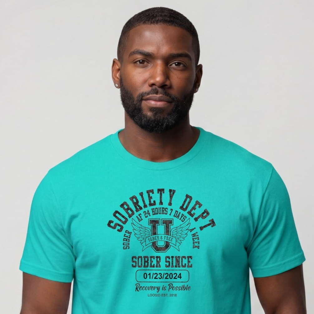 Sobriety Dept Men's T-Shirt with Custom Sobriety Date